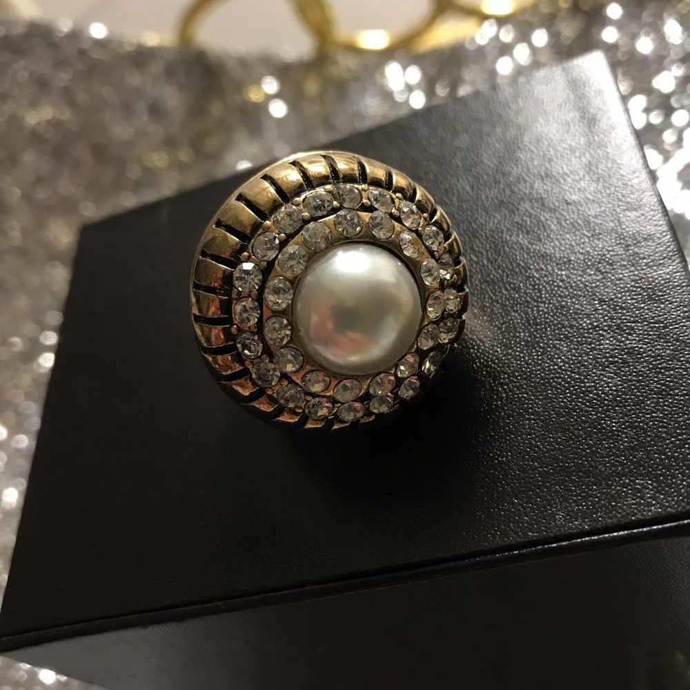 Pearl & Rhinestone Embellished Gold Fashion Ring